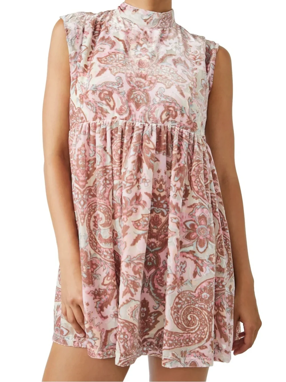 Free People All The Time Velvet Pink Paisley Boho Mini Dress Size XS Oversized